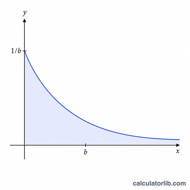 Exponential probability density curve decaying from 1/b at x=0 toward zero, with shaded area beneath