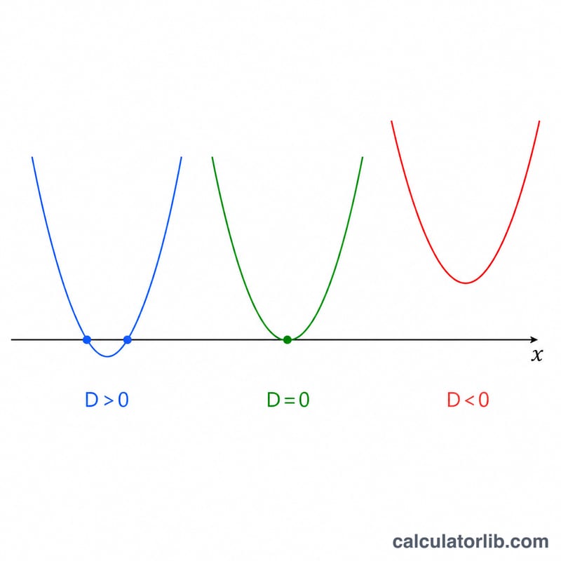 Three parabolas showing positive, zero, and negative discriminant cases