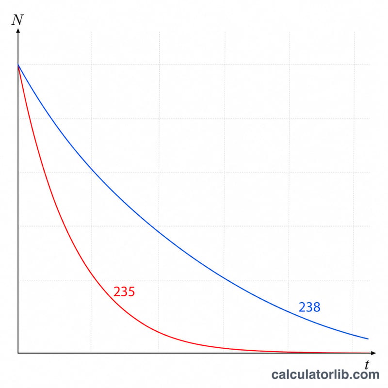 Two exponential decay curves for U-235 and U-238 starting from equal amounts, with U-235 dropping faster, plotted against time