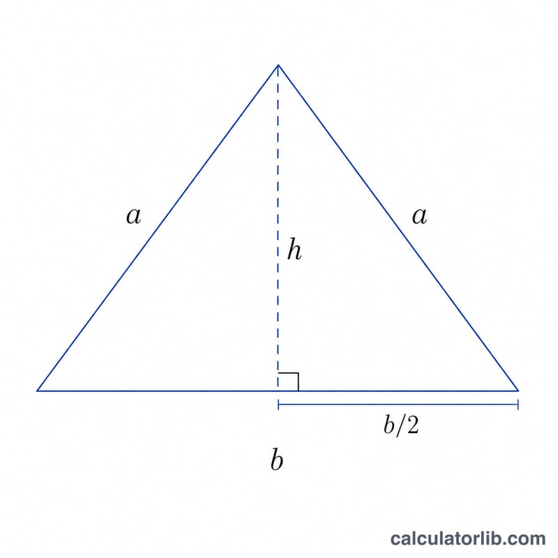 Isosceles triangle with base b, height h from apex to base midpoint, and equal legs a forming a right triangle