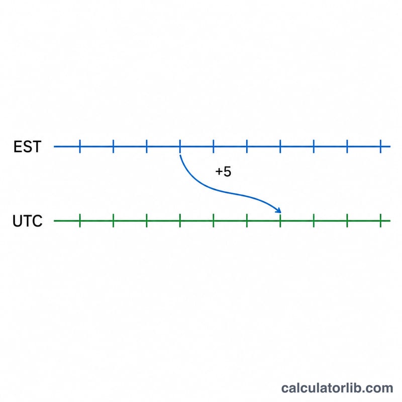 Number line showing EST time shifted 5 hours forward to UTC