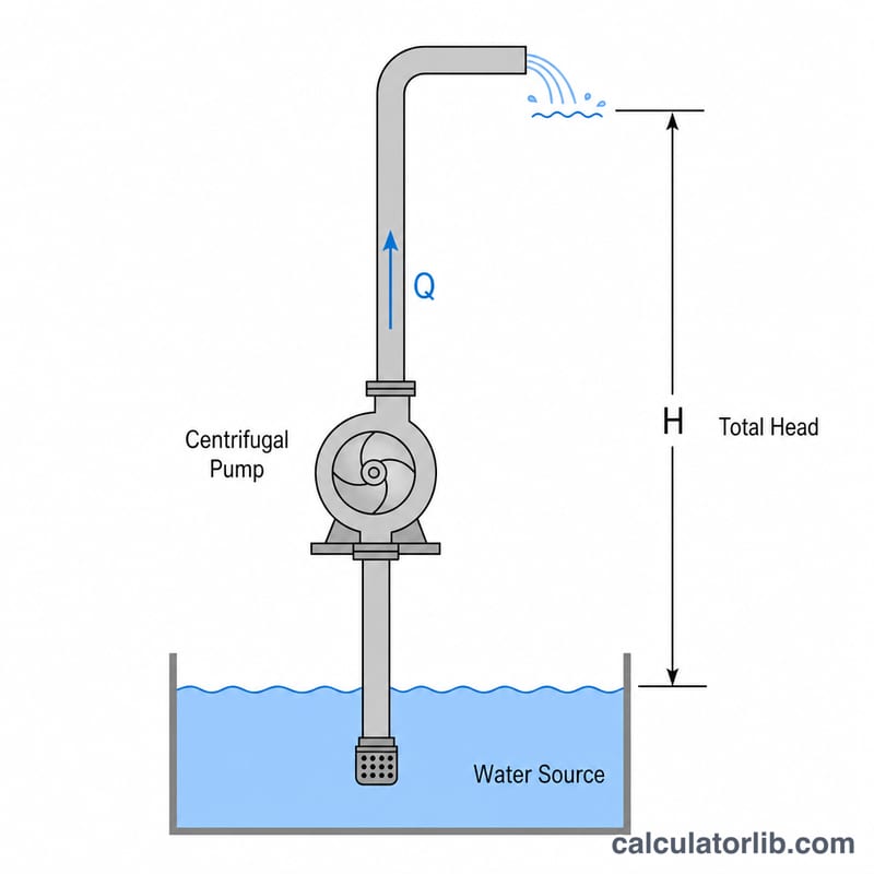 Pump moving water upward showing flow rate Q and total head H