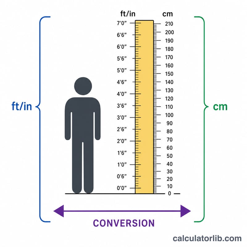 Human silhouette next to dual-scale ruler showing feet-inches on one side and centimeters on the other