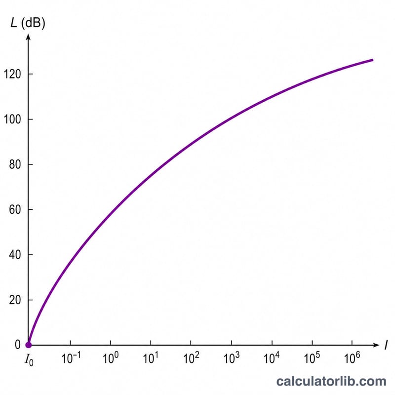 Logarithmic curve relating sound intensity I to sound intensity level L in decibels