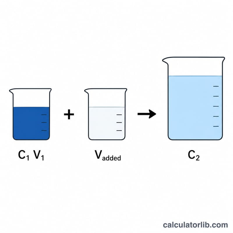 Diagram showing a concentrated solution plus added diluent combining into a larger, lighter solution