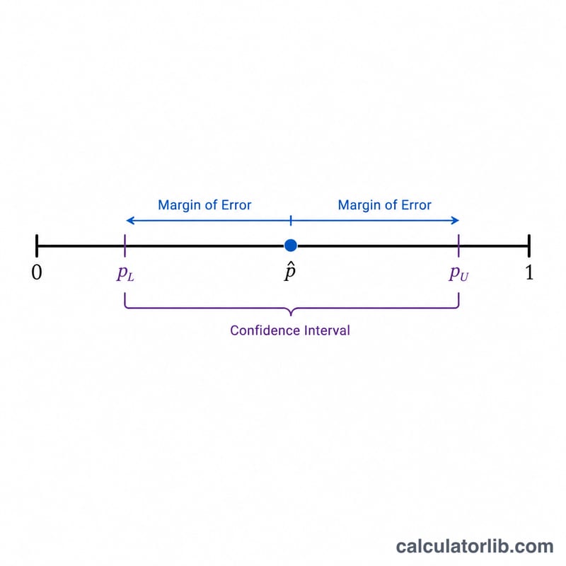 Number line showing point estimate p-hat with symmetric margin of error giving lower and upper interval bounds