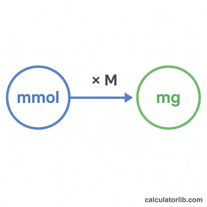 Diagram showing mmol multiplied by molar mass M equals mg