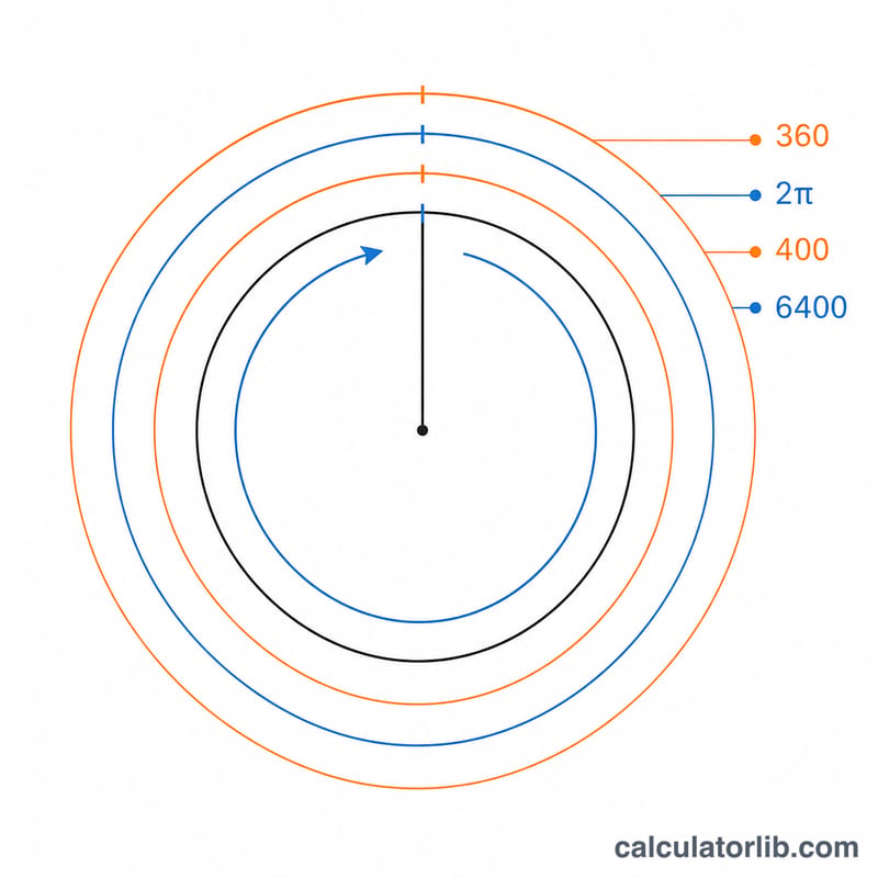 Circle divided into the major angle units showing a full turn equals 360 degrees, 2 pi radians, 400 gradians and 6400 mils