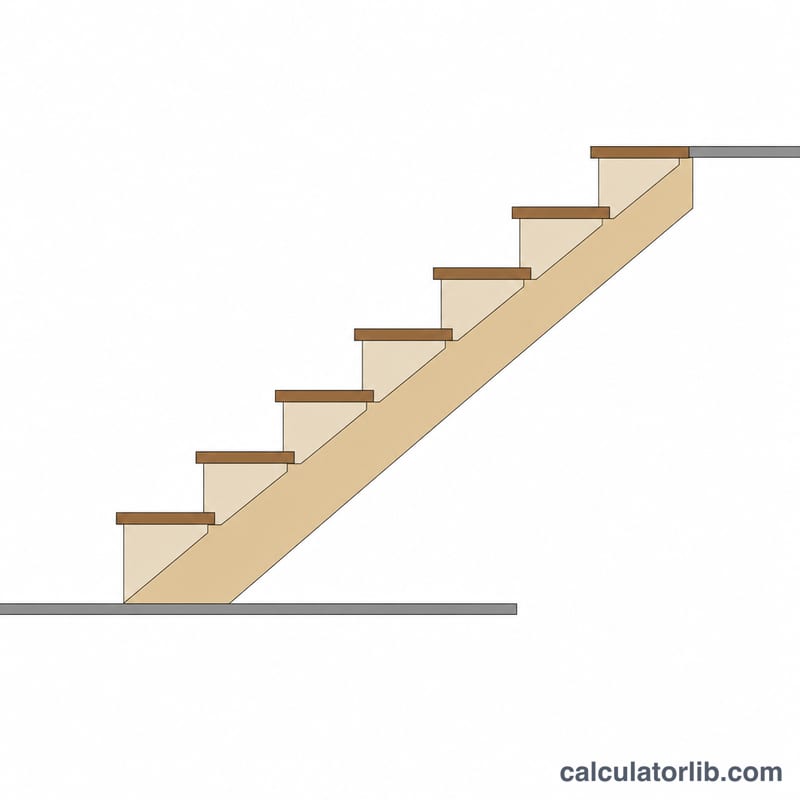 Side view of a staircase showing the diagonal stringer board with cut notches supporting steps