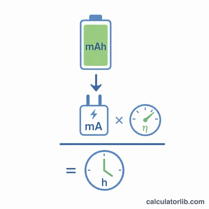 Diagram showing battery capacity divided by charger current times efficiency equals charging hours
