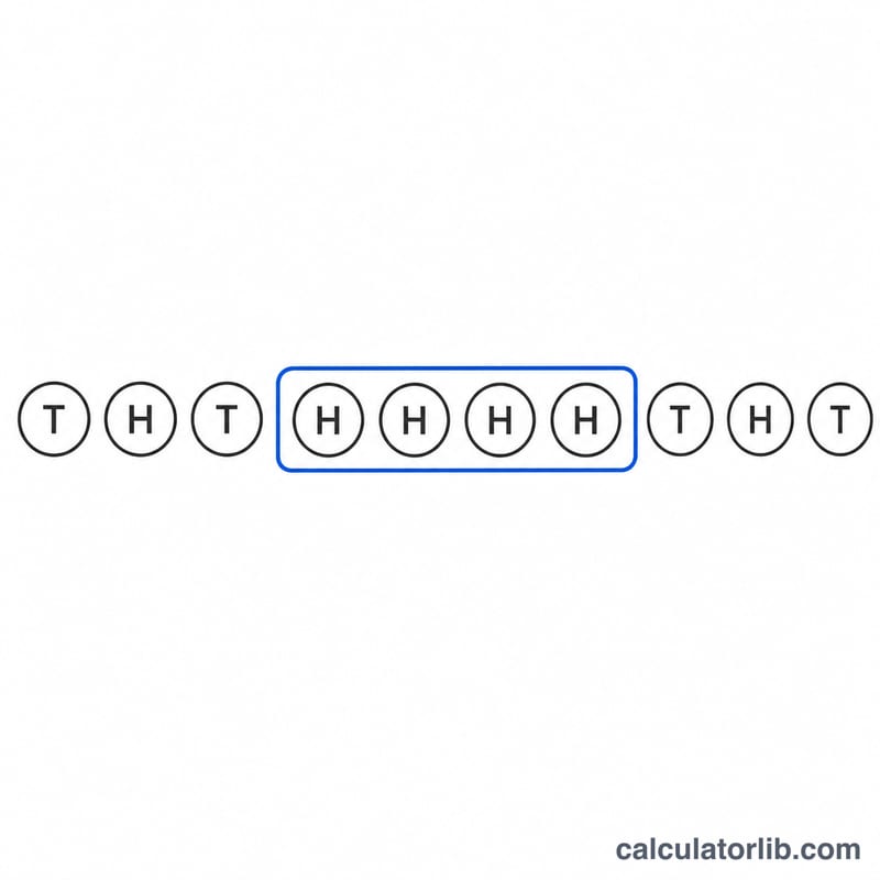 Sequence of coin flips with a streak of identical results highlighted