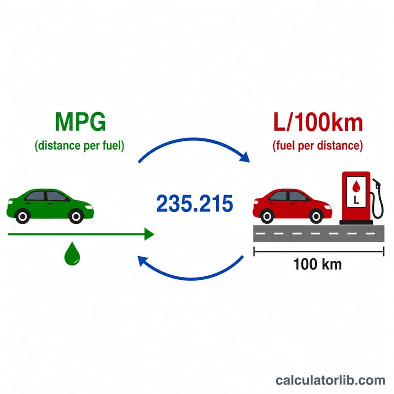 Diagram contrasting MPG (distance per fuel) with L/100km (fuel per distance) linked by factor 235.215