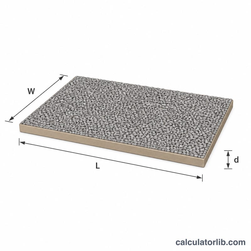 Lit de gravier rectangulaire montrant les dimensions de longueur, largeur et profondeur
