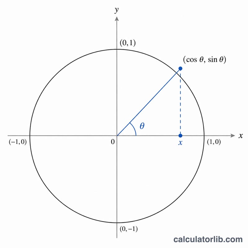 Unit circle showing angle theta with its cosine value marked on the horizontal axis