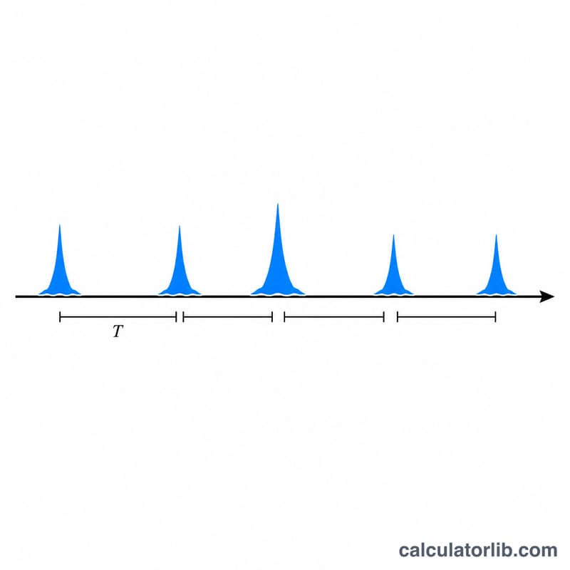 Timeline showing a rare flood event spaced on average T years apart along a horizontal axis