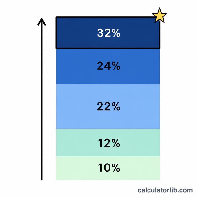 Stacked progressive tax brackets with rising rates, last dollar in the top bracket highlighted as the marginal rate