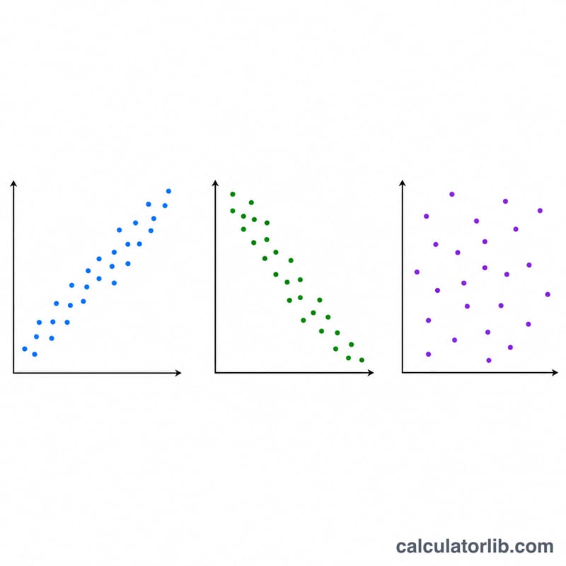 Three scatter plots showing positive, negative, and no correlation between two variables