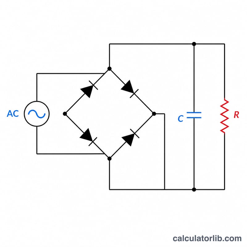 Diamond arrangement of four diodes forming a bridge rectifier between an AC source and a DC load with smoothing capacitor