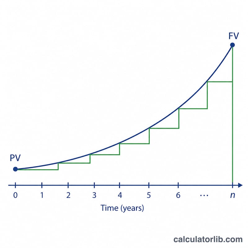 Rising compound growth curve from PV to FV over time with periodic compounding steps