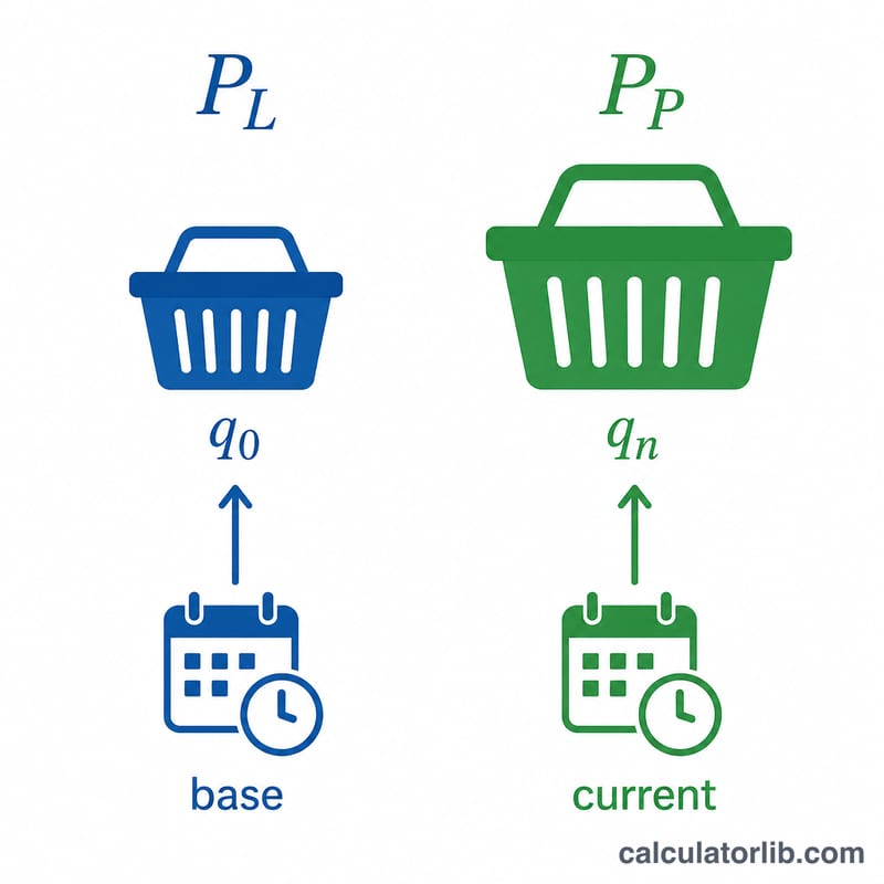Diagram contrasting Laspeyres base-period basket weighting with Paasche current-period basket weighting