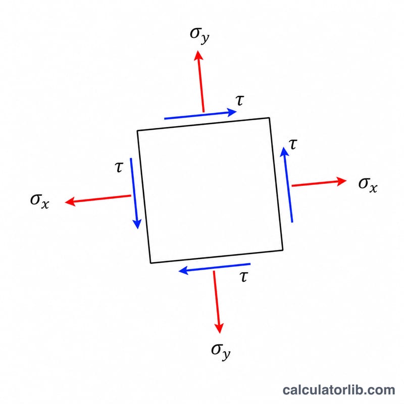 Phần tử ứng suất 2D thể hiện các thành phần ứng suất pháp và ứng suất tiếp trên hình vuông