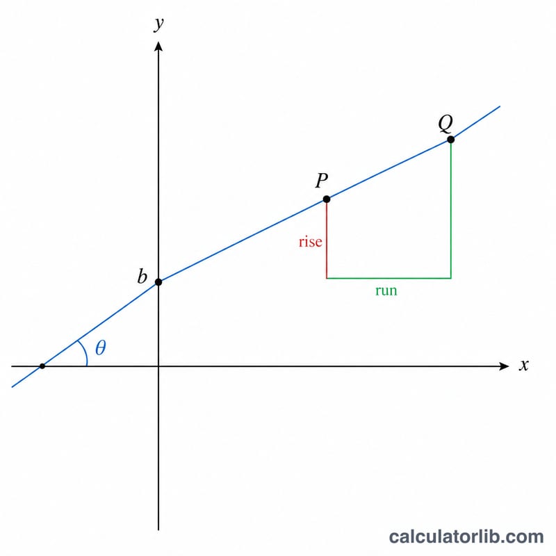 Two points P and Q on a coordinate plane joined by a straight line, showing rise, run, slope angle and y-intercept