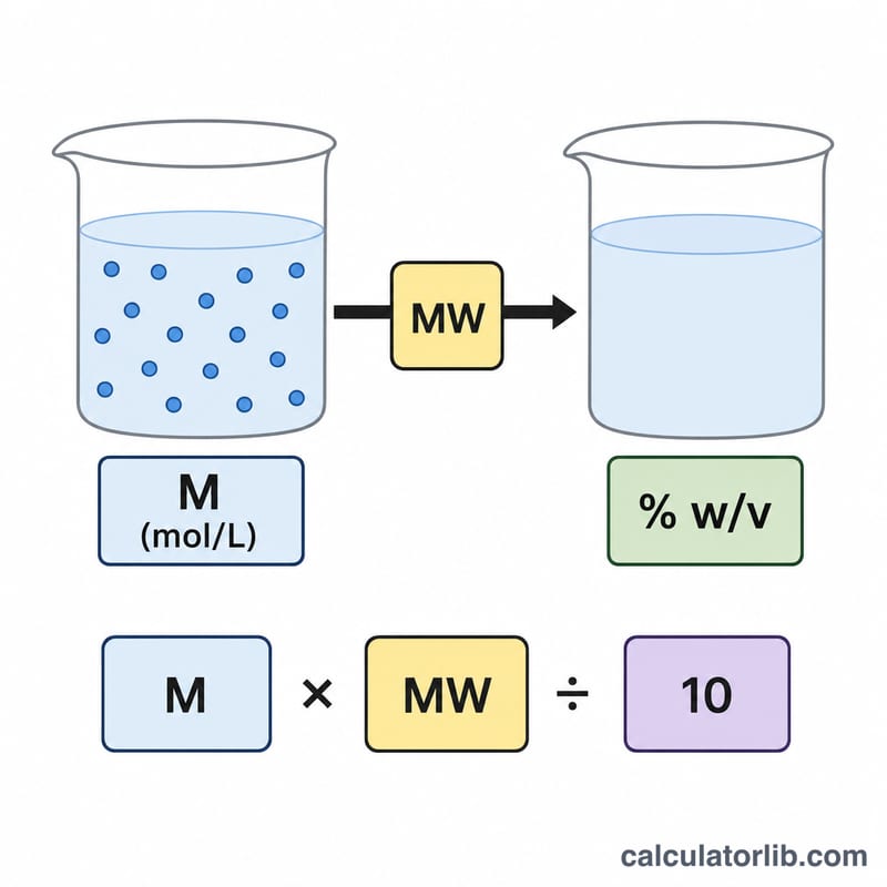 Diagram of molarity times molecular weight divided by 10 equals percent w/v