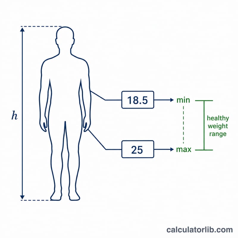 Diagram relating height to a healthy weight range using BMI 18.5 and 25 bounds