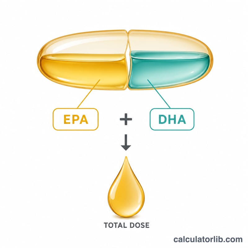 Cutaway of a fish oil capsule split into EPA and DHA portions adding to a total dose