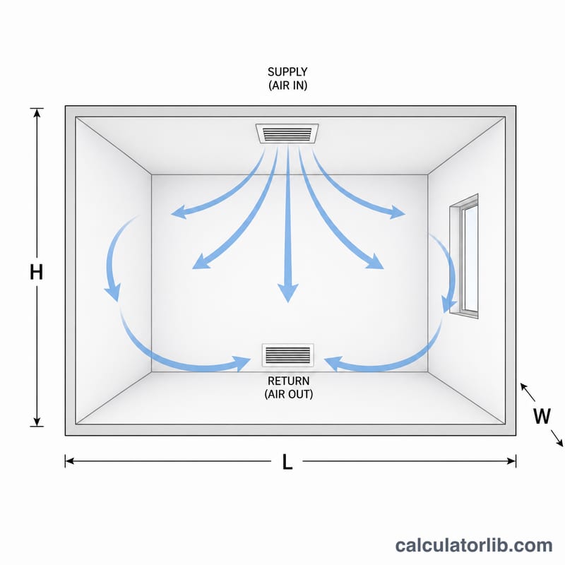 Room with airflow entering and exiting vents, dimensions labeled L, W, H