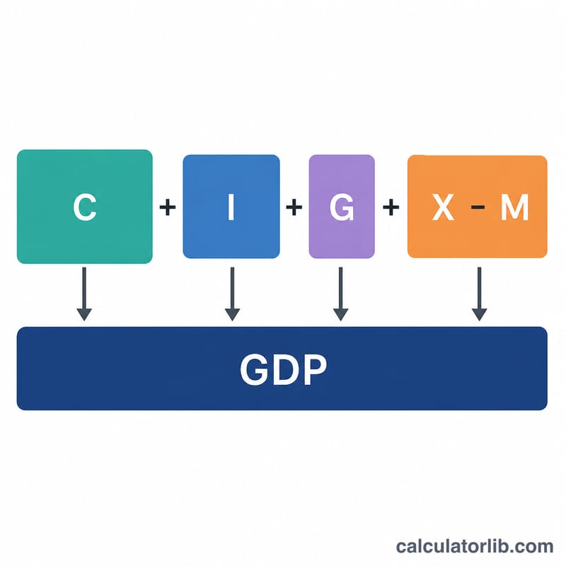 Expenditure approach components C, I, G, X minus M combining into GDP