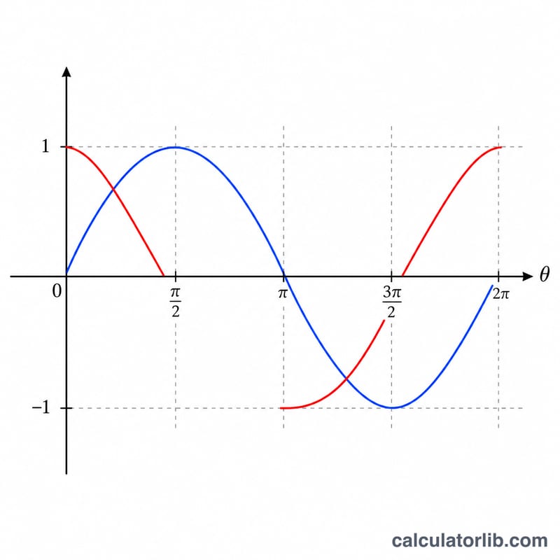 Sine and cosine curves plotted across a full angle range with a vertical tangent asymptote