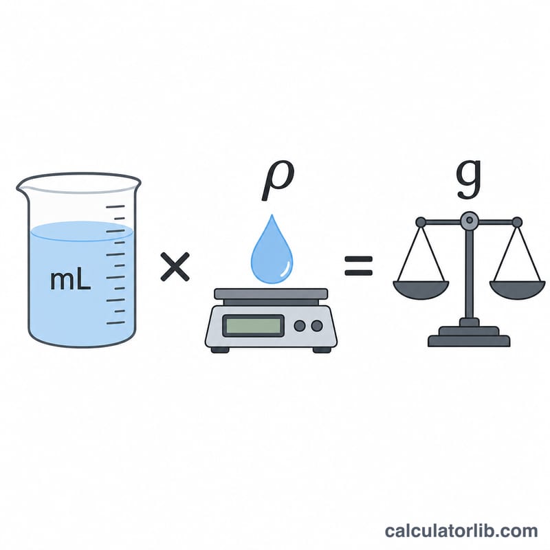 Diagram showing milliliters multiplied by density equals grams