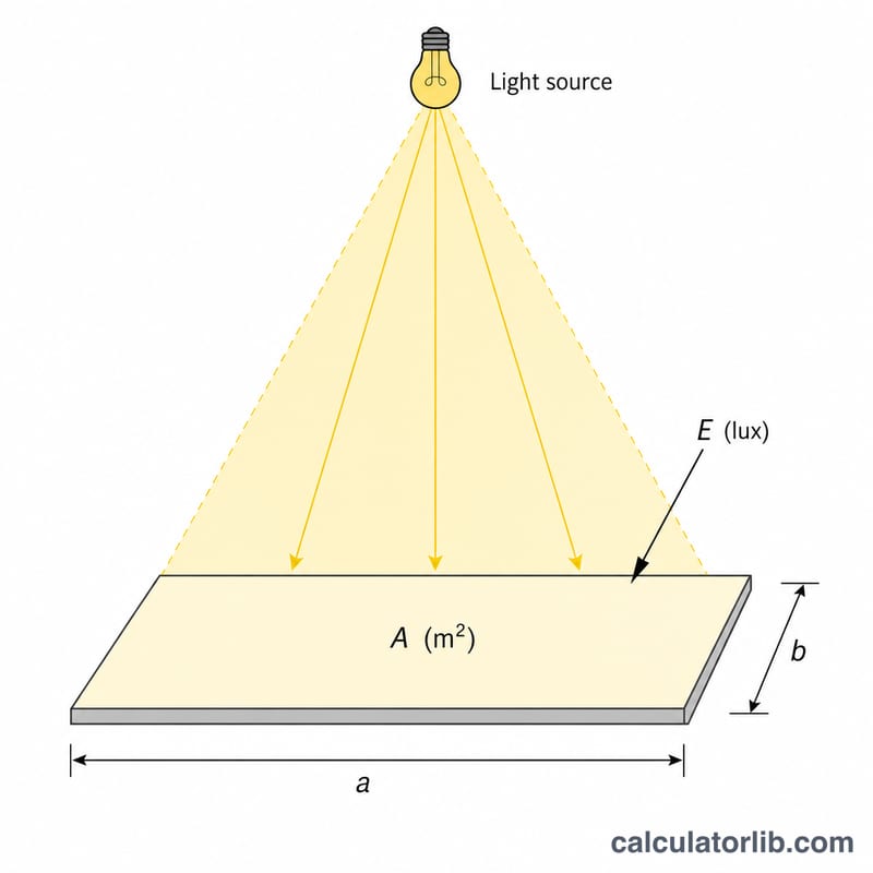 Nguồn sáng chiếu sáng một vùng hình chữ nhật, thể hiện mối quan hệ giữa lux, diện tích và lumen