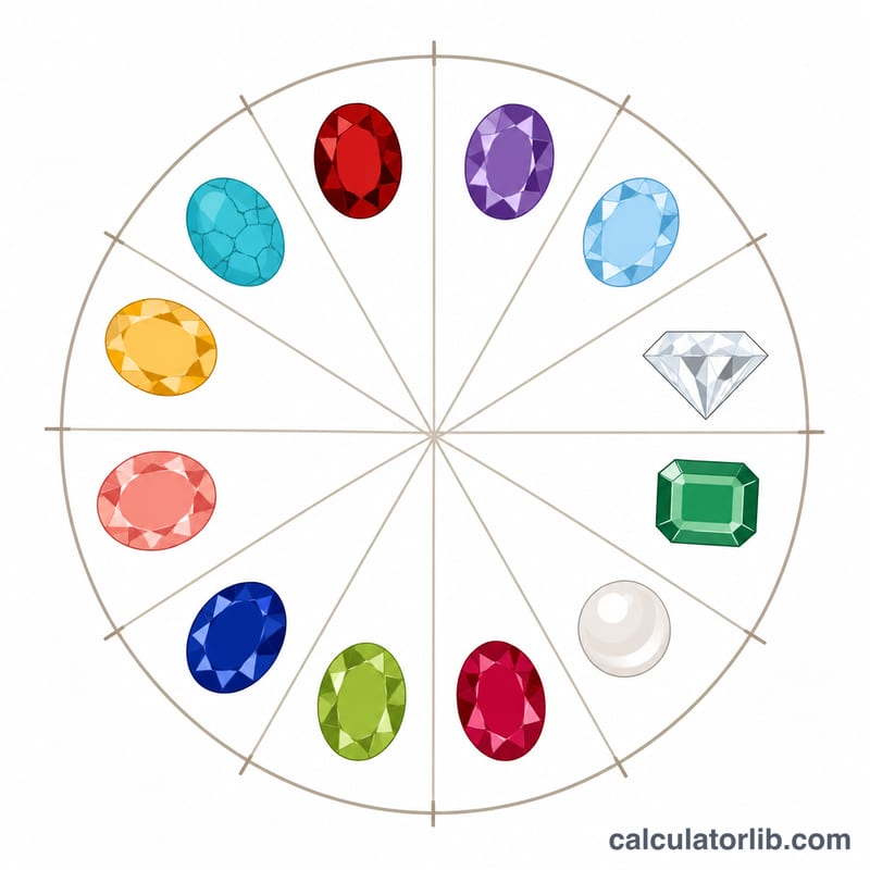 Doce gemas dispuestas en una rueda calendario circular, una por mes