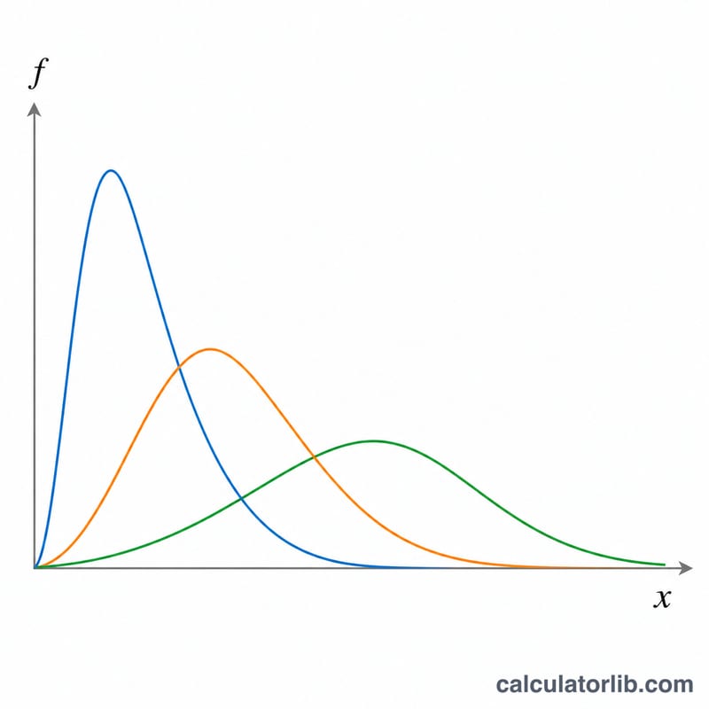 Family of noncentral chi-squared density curves shifting right as noncentrality increases