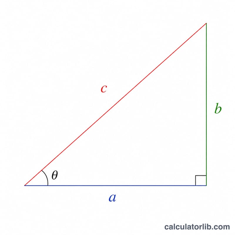 Triangle rectangle montrant la base a, l'hypoténuse c, la hauteur b et l'angle theta à la base