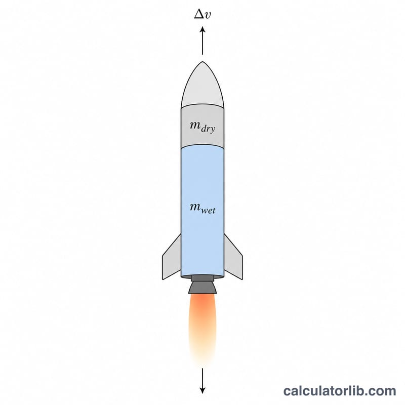 Diagram of a rocket showing wet mass, dry mass, and exhaust producing delta-v