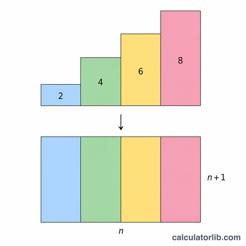 Even-number bars rearranged into an n by n+1 rectangle