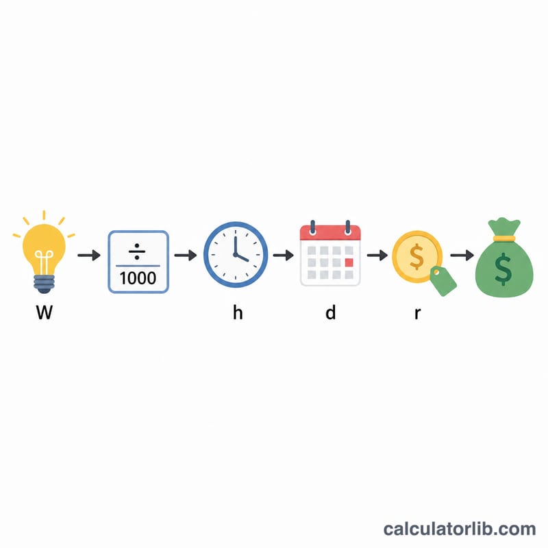 Flat diagram showing watts divided by 1000, times hours, days and rate giving monthly cost