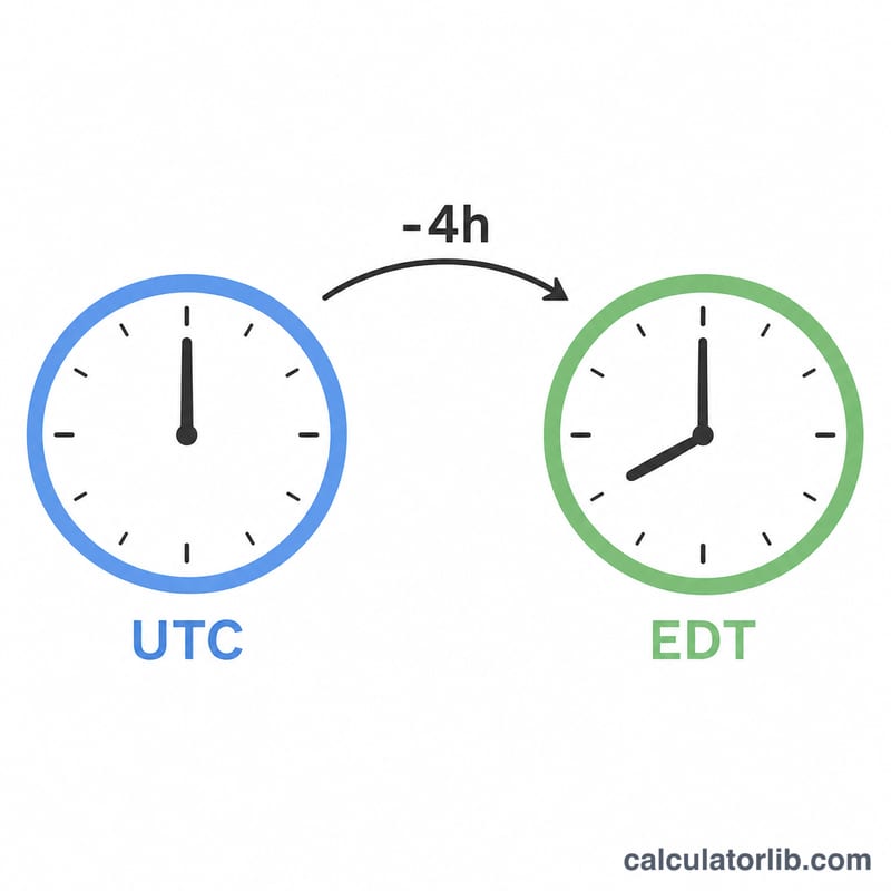 Hai mặt đồng hồ đặt cạnh nhau, một cái ghi UTC và một cái lùi lại bốn giờ ghi EDT, với mũi tên chỉ trừ 4 giờ