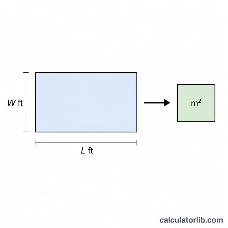 Rectangle labeled with length and width in feet, with area converted to square meters