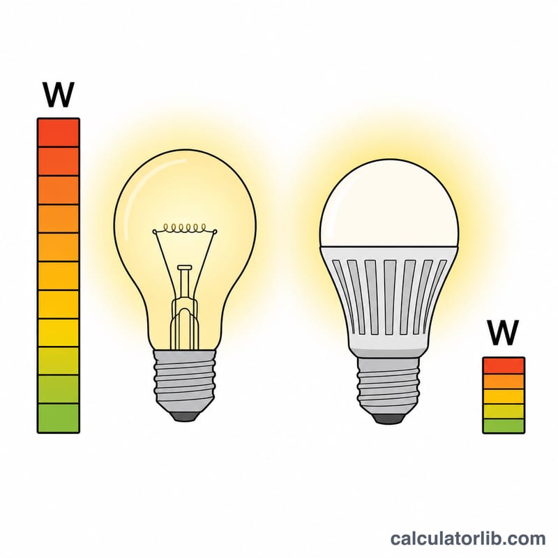 白熾燈與 LED 燈泡的功率柱狀對比