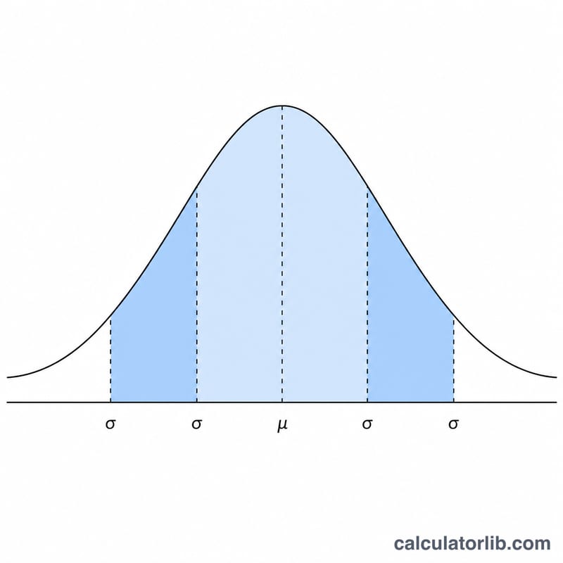Bell curve with mean at center and shaded bands at one sigma intervals on each side