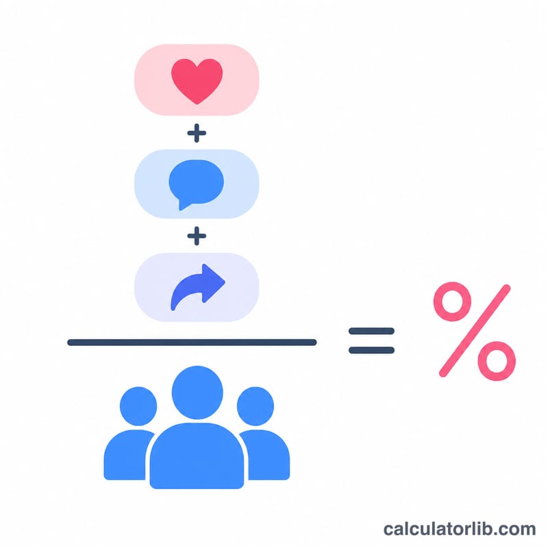 Engagement rate formula shown as likes plus comments plus shares divided by followers times 100