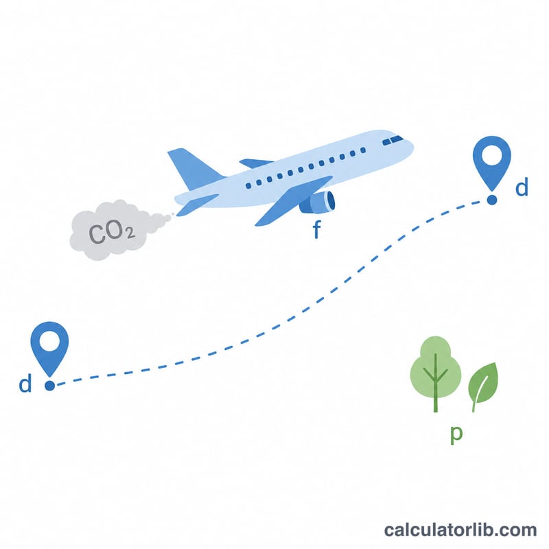 Máy bay bay theo một tuyến đường để lại vệt CO2, kèm biểu tượng quãng đường, hệ số và hành khách