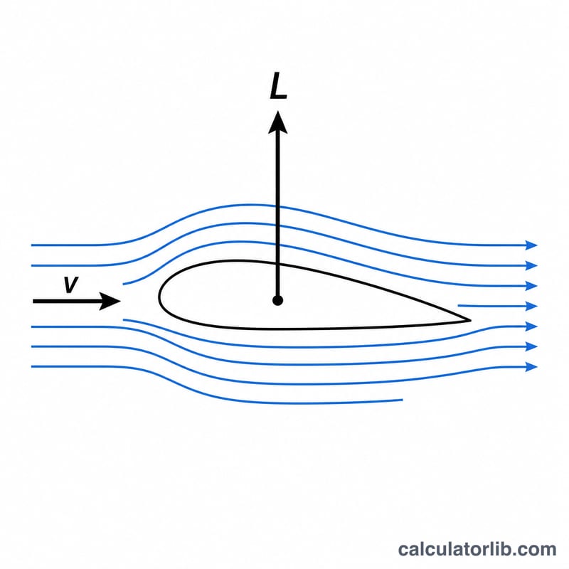 Airfoil cross-section with airflow lines and a vertical lift arrow