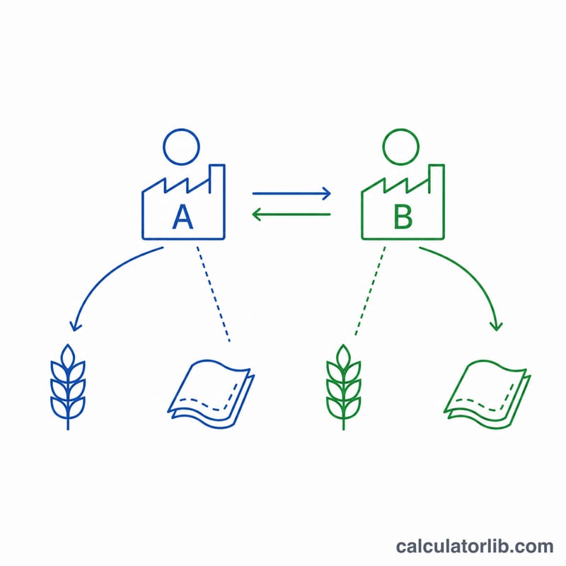 Two producers each making two goods, with arrows showing specialization based on lower opportunity cost