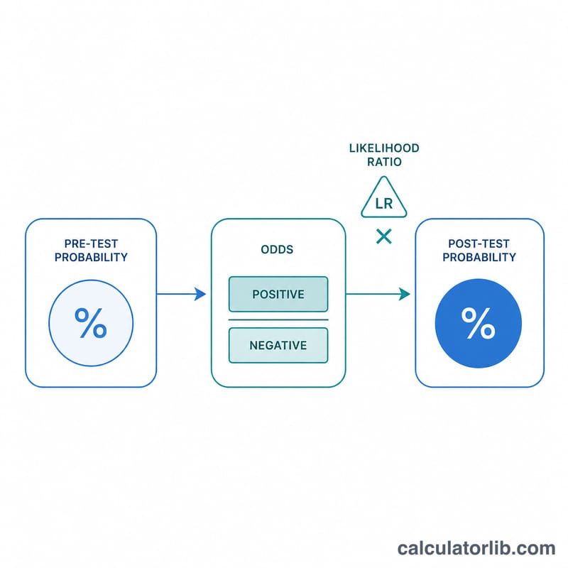 Pipeline converting pre-test probability to odds, multiplying by likelihood ratio, then back to post-test probability