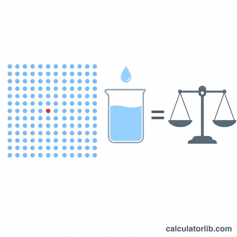 Diagram showing one particle among a million as parts per million equaling milligrams per liter in water